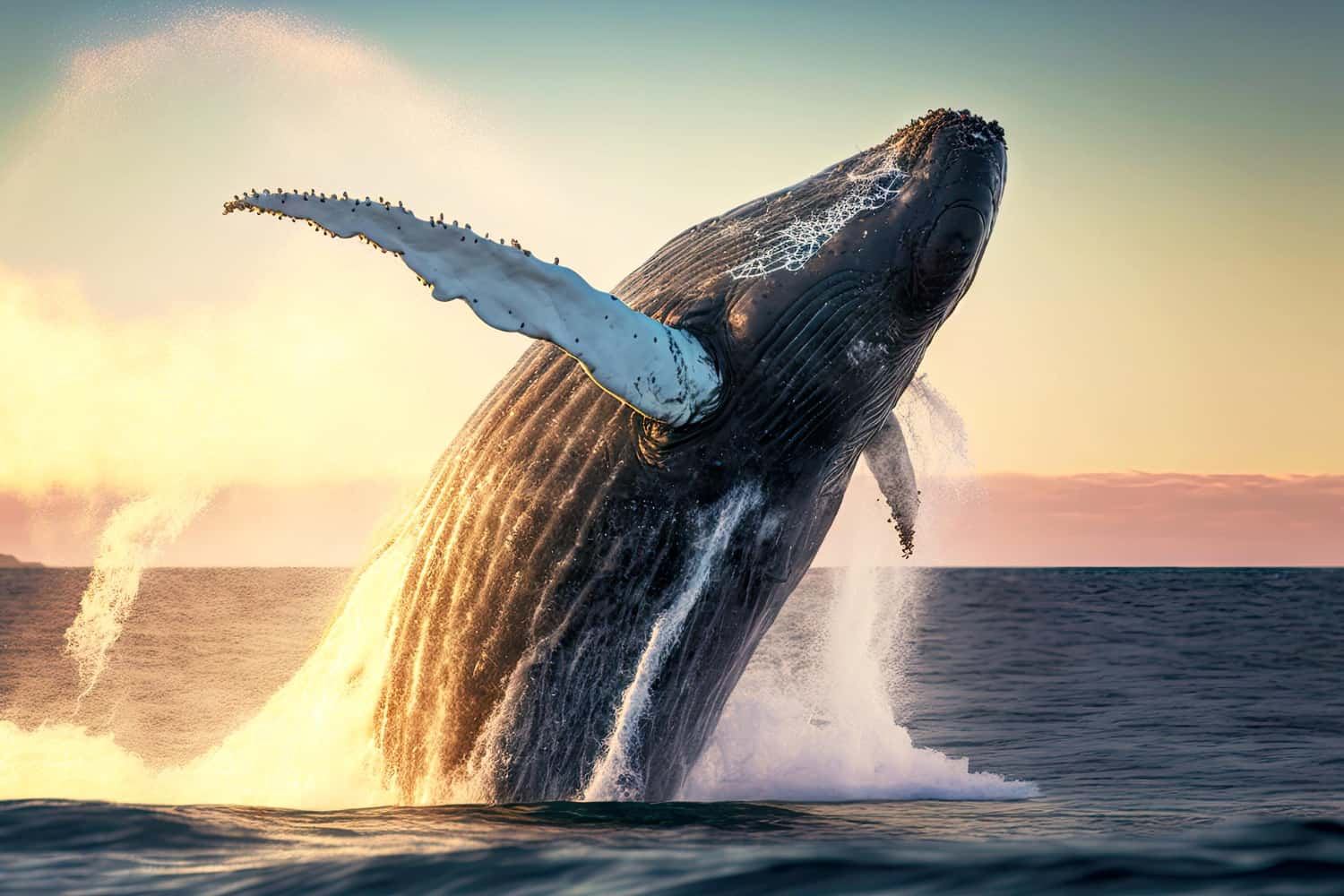 Ballena jorobada saltando fuera del agua en un día soleado