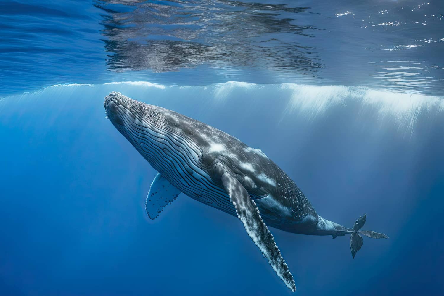 Ballena nadando junto a otros cetáceos y mamíferos marinos en el océano