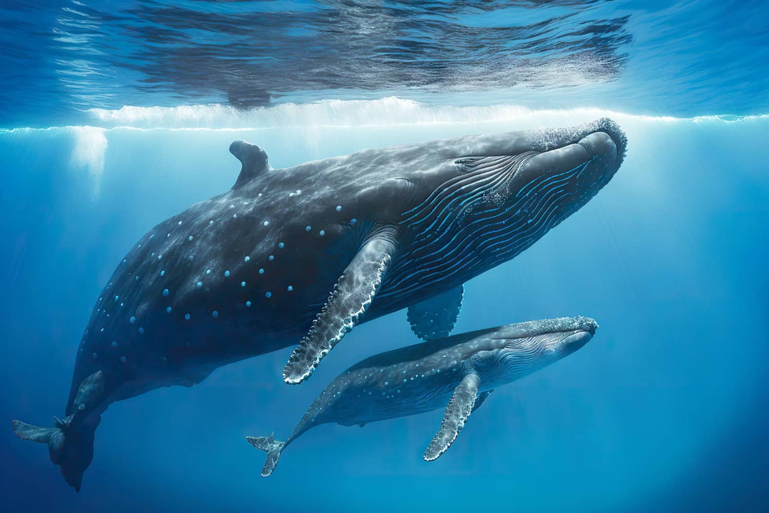 Comunicación de ballenas: Grupo de ballenas emergiendo del océano en su hábitat natural